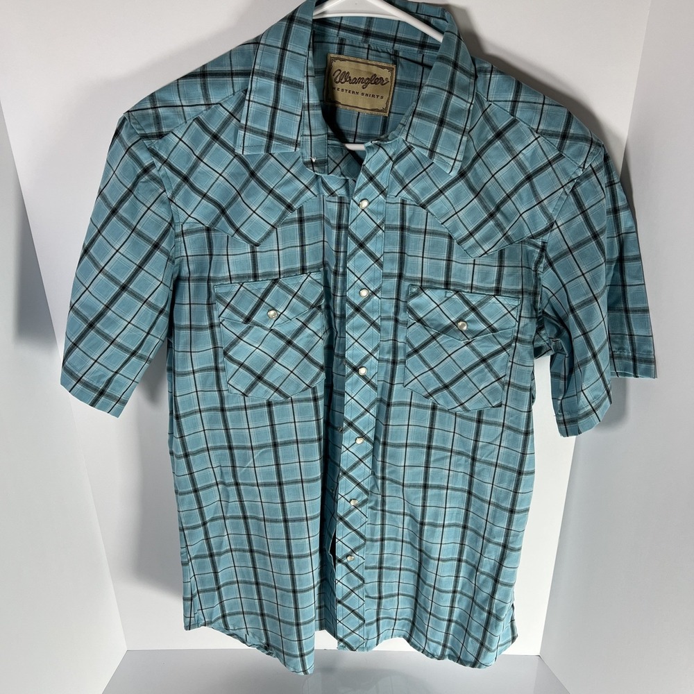 Wrangler Men's Short Sleeve Large Plaid Turquoise Pearl Snap Western Shirt